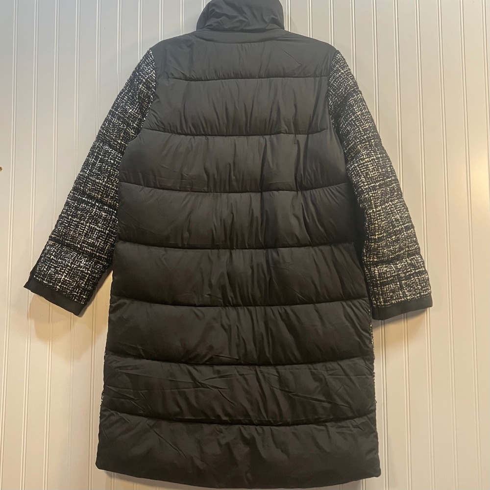 Bernardo Womens Tweed Puffer Coat Black White Mixed Media Mid Length Parka M NEW - Picture 2 of 15